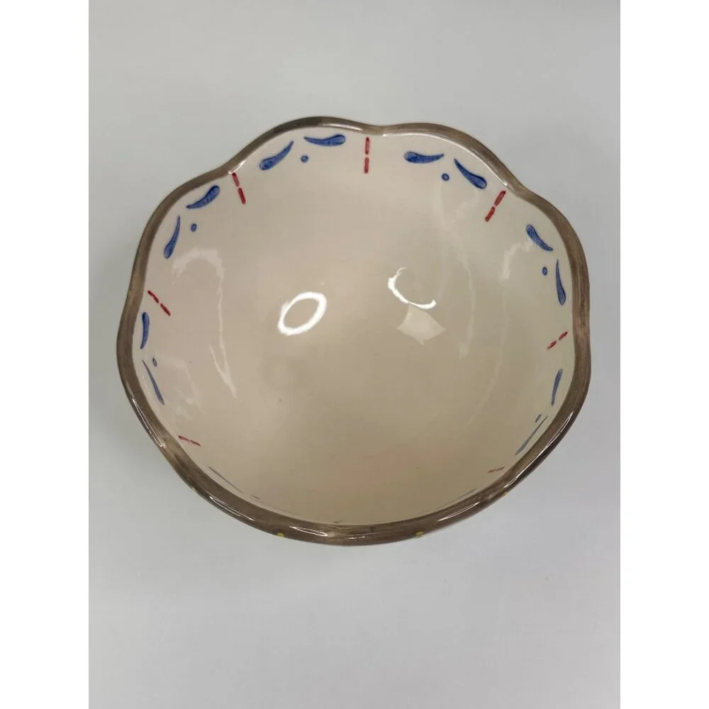 Set Of 4 Hand-Painted Southwest Aztec Boho Ceramic Bowls With Scalloped Edges